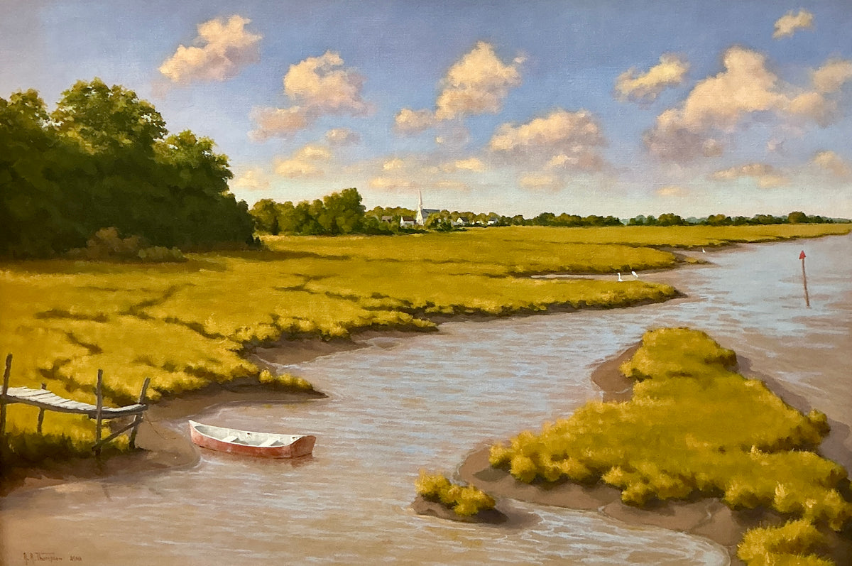 Anthony R. Thompson Village By A Marsh Coastal Landscape Oil Painting in Gold Frame