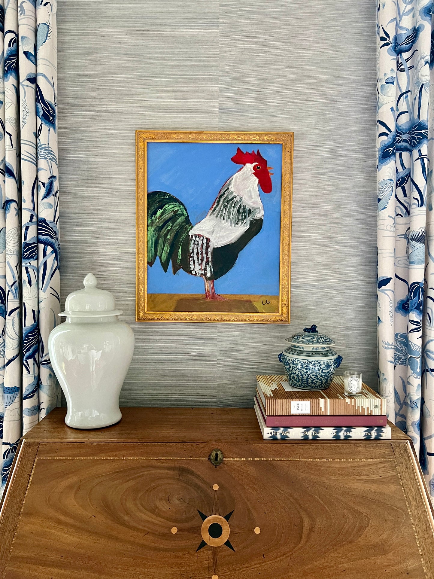 Contemporary Rooster Folk Art Portrait Painting in Carved Gold Frame
