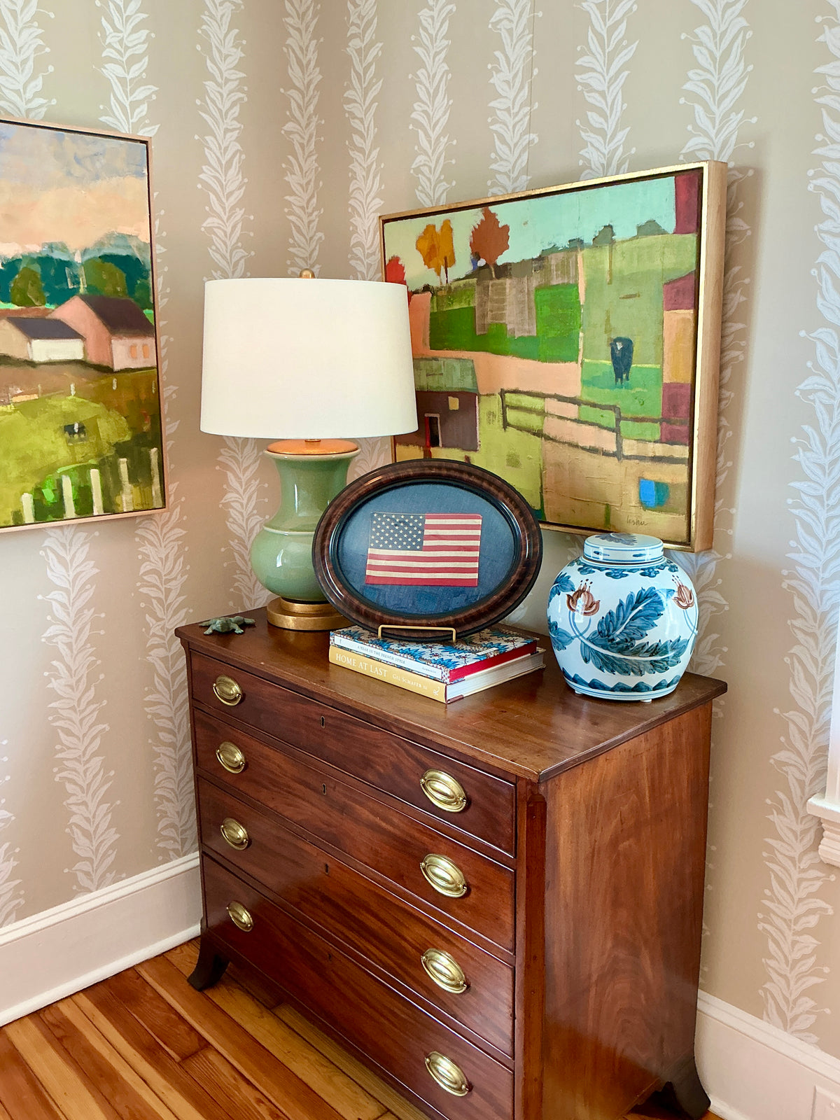 Vintage 50 Star American Flag on Dark Chambray in Convex Glass Oval Wood Frame
