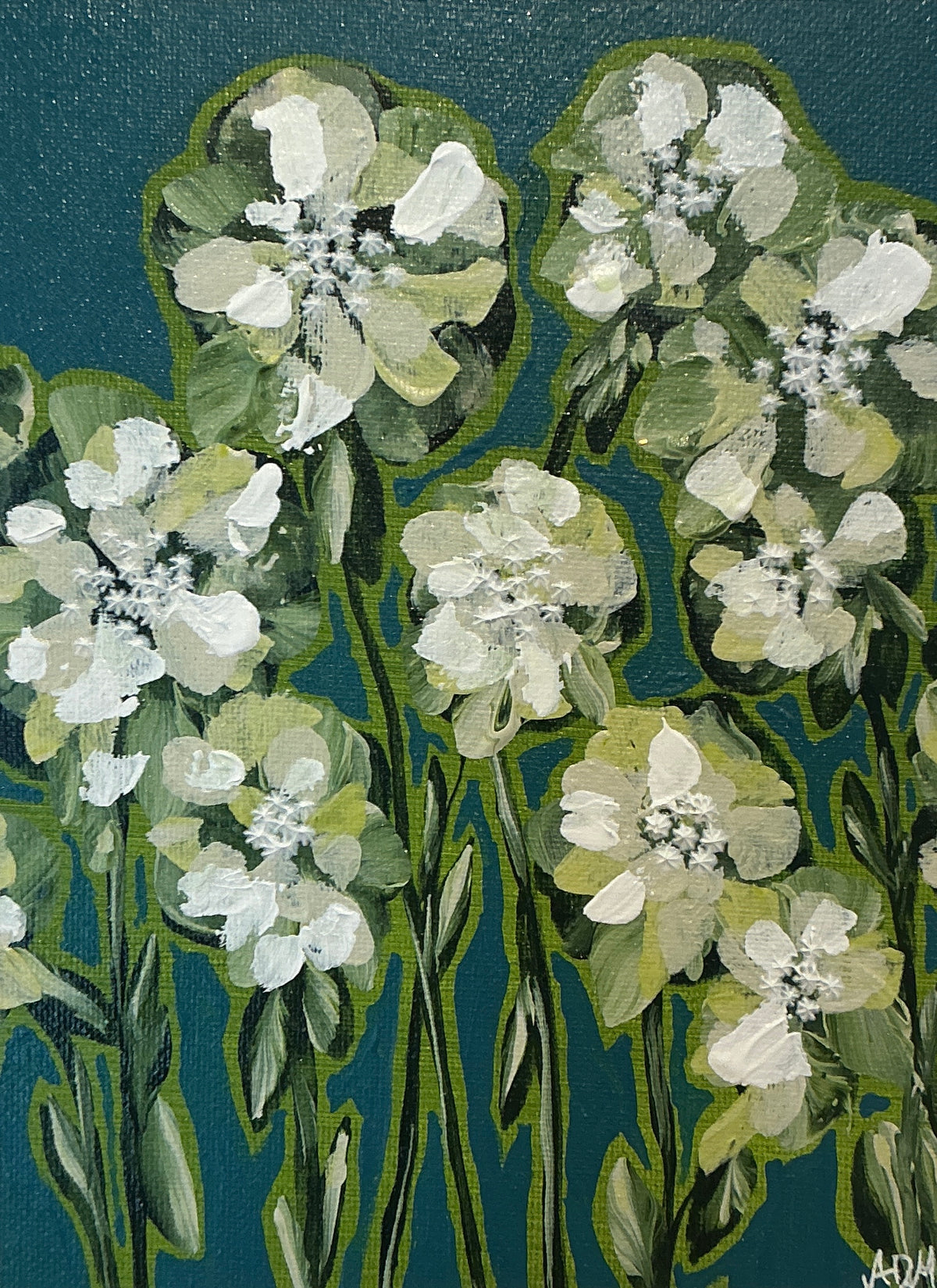 Alison Diamond McElroy The Green Hour Abstract Floral Painting in Gold Bamboo Frame