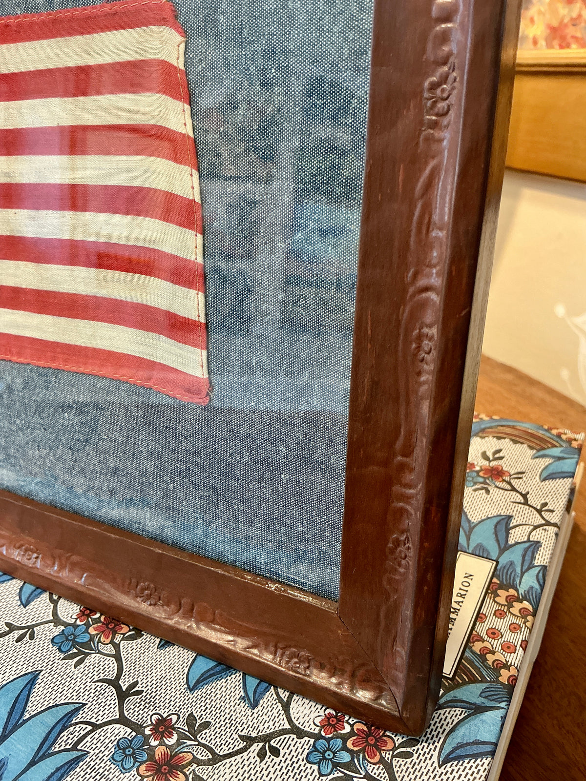 Vintage 48 Star American Flag on Chambray in Antique Floral Wood Frame