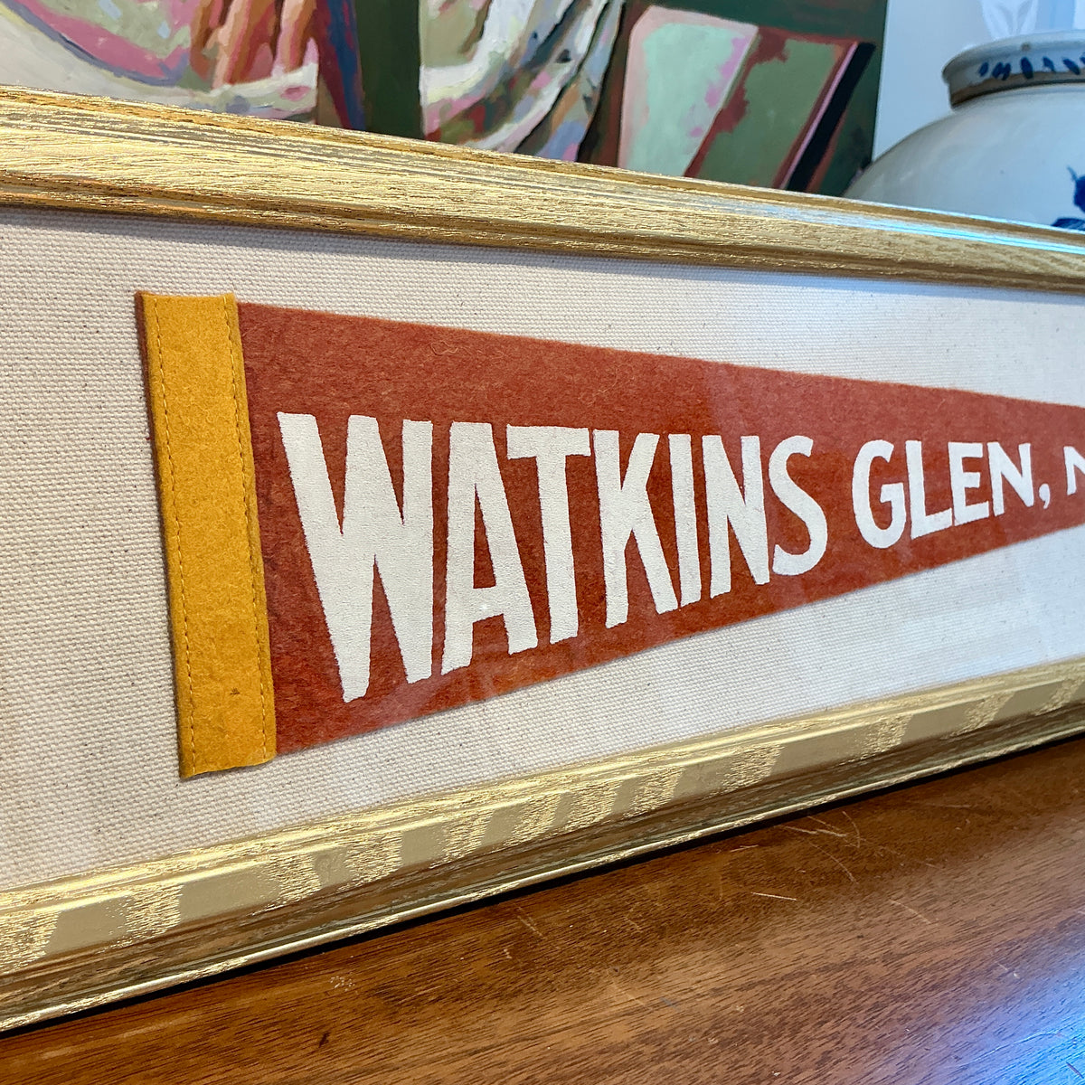 Vintage Watkins Glen New York Pennant on Ivory Duck Cloth in Gold Frame