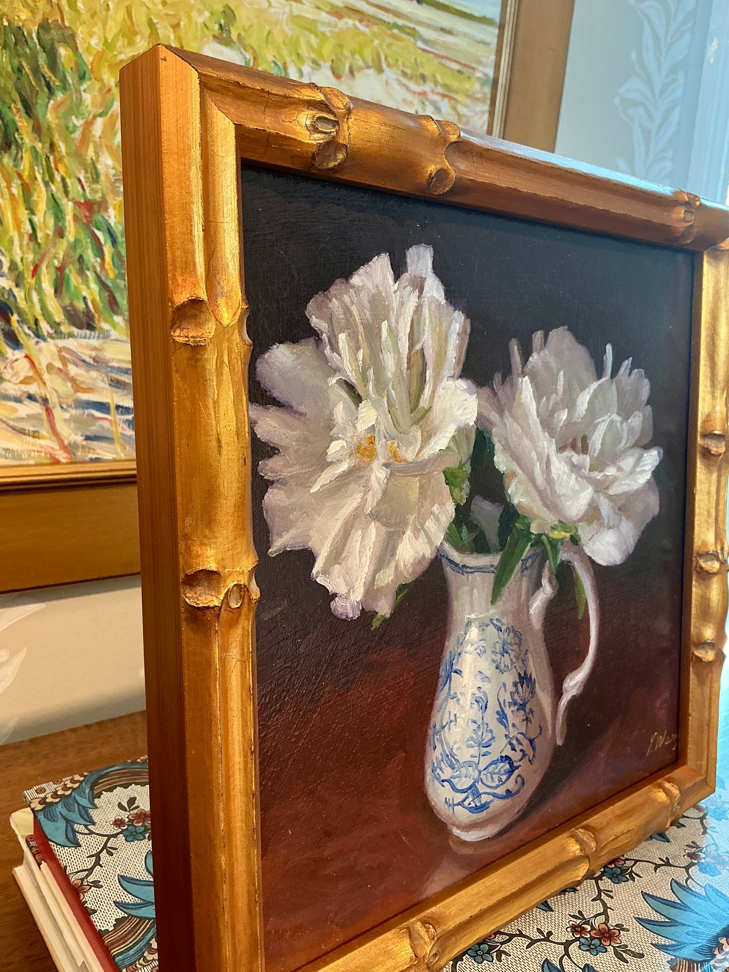 Youqing Wang Peonies in White and Blue Pitcher Floral Still Life Oil Painting in Gold Bamboo Frame