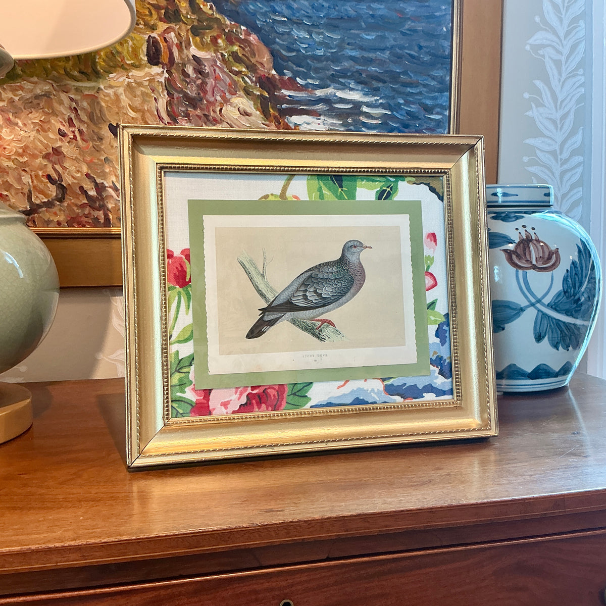19th Century Stock Dove Engraving on Scalamandre Shantung Garden Fabric in Gold Frame