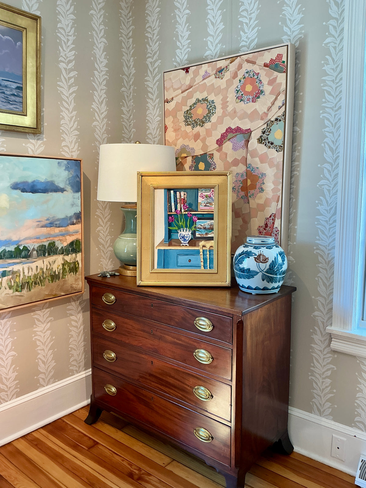 Stephanie Doucet Delft Tulipiere On The Blue Shelves Still Life Oil Painting in Gold Frame