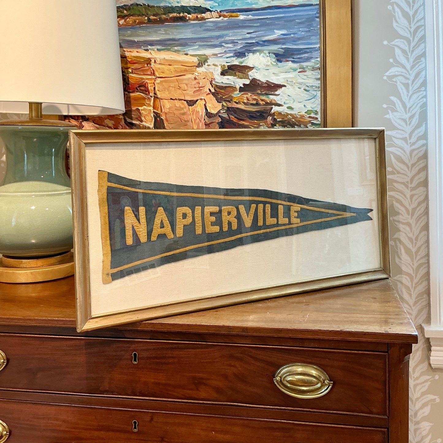 Antique 1920s Napierville, Quebec Pennant on Ivory Duck Cloth in Gold Frame