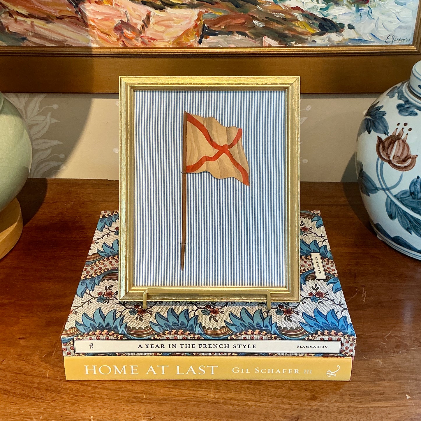 Antique 1905 Nautical Red and Tan Flag Oil Painting on Blue Ticking Stripes in Gold Frame