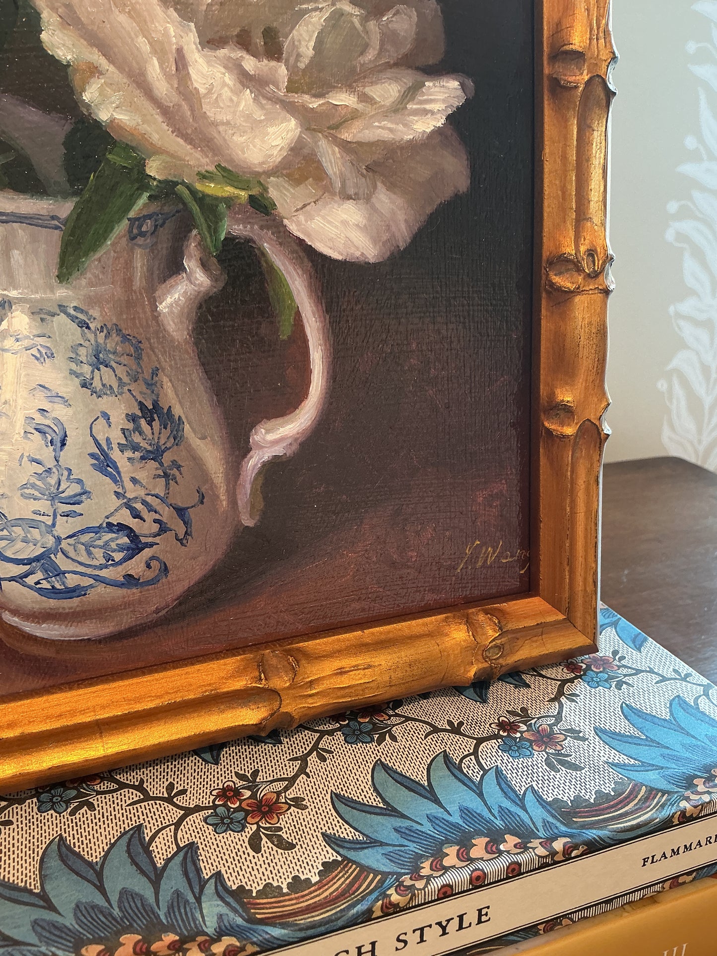 Youqing Wang Peonies in White and Blue Pitcher Floral Still Life Oil Painting in Gold Bamboo Frame