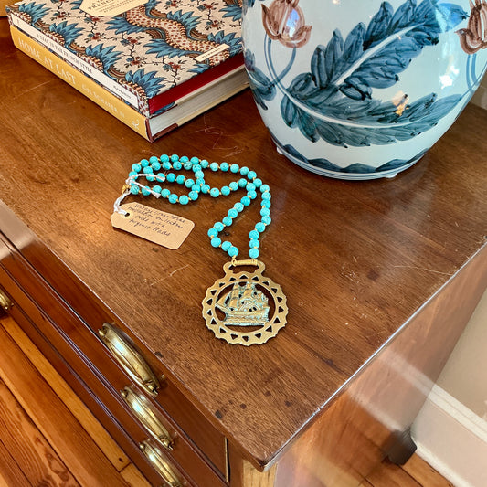 Antique English Horse Brass Ship Medallion Turquoise Beaded Hand Knotted Necklace