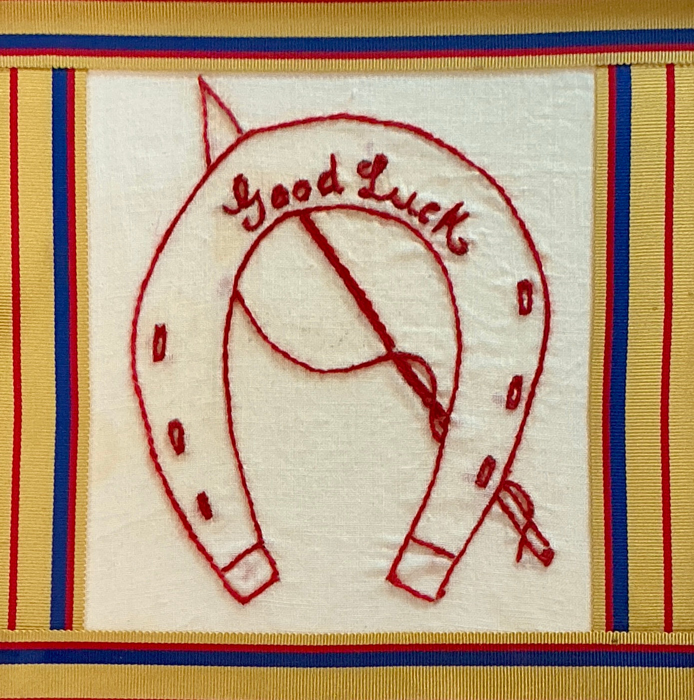 Antique Horse Shoe Redwork Embroidery with Gold and Blue Hat Band Ribbon in Gold Frame