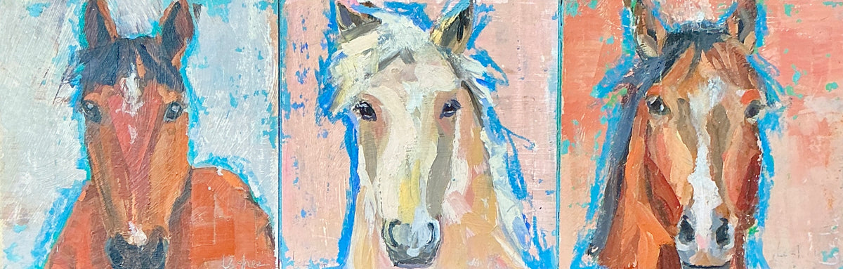 Carol Lesher Horse Trio 2 Oil Painting in Wood Frame
