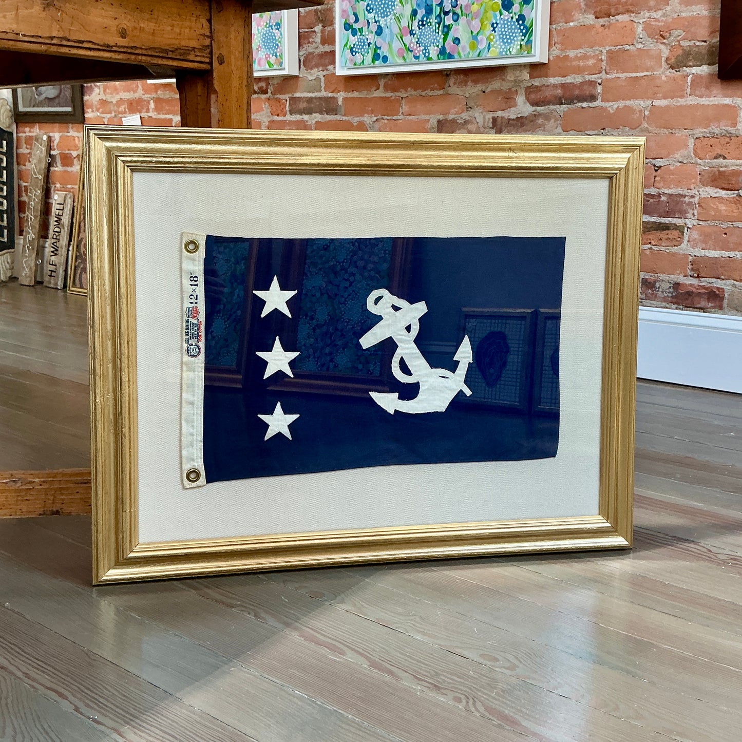 Vintage Past Commodore Nautical Flag on Ivory Duck Cloth in Gold Frame