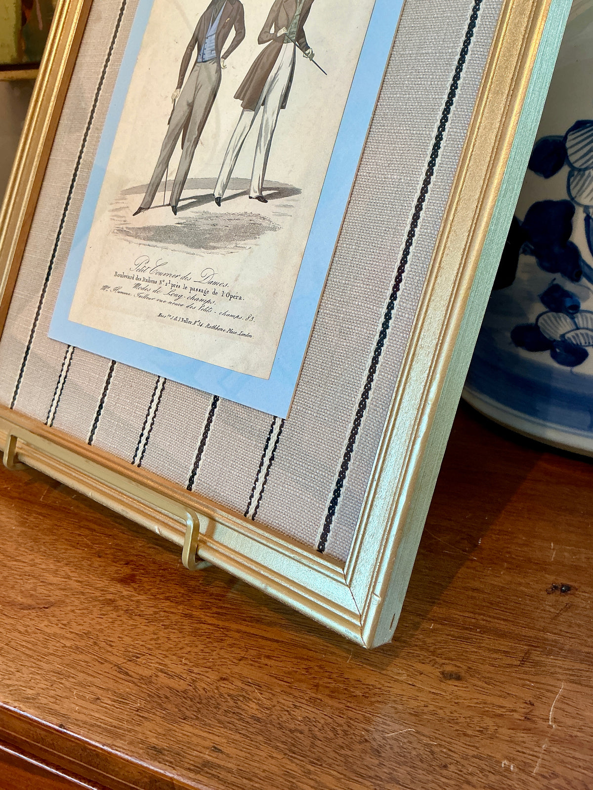 Early 19th Century Hand Colored Modes De Paris French Fashion Engraving on Taupe and Black Stripes in Gold Frame