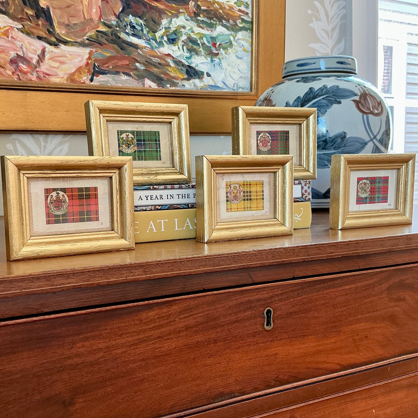 Set of Five Antique Scottish Tartan Tobacco Silks on Neutral Pique in Gold Frame