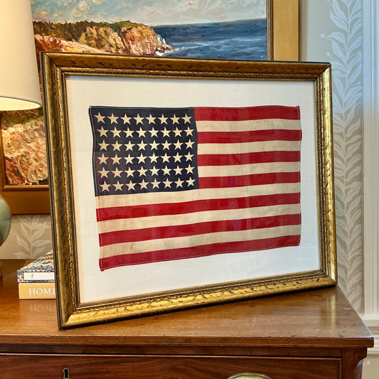 Vintage 48 Star American Flag on Ivory Duck Cloth in Antique Gold Wood Frame