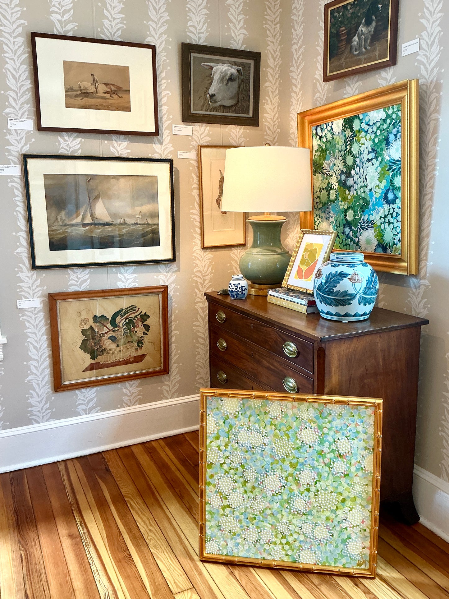 Alison Diamond McElroy Citrus and Salt Abstract Floral Painting in Gold Bamboo Frame