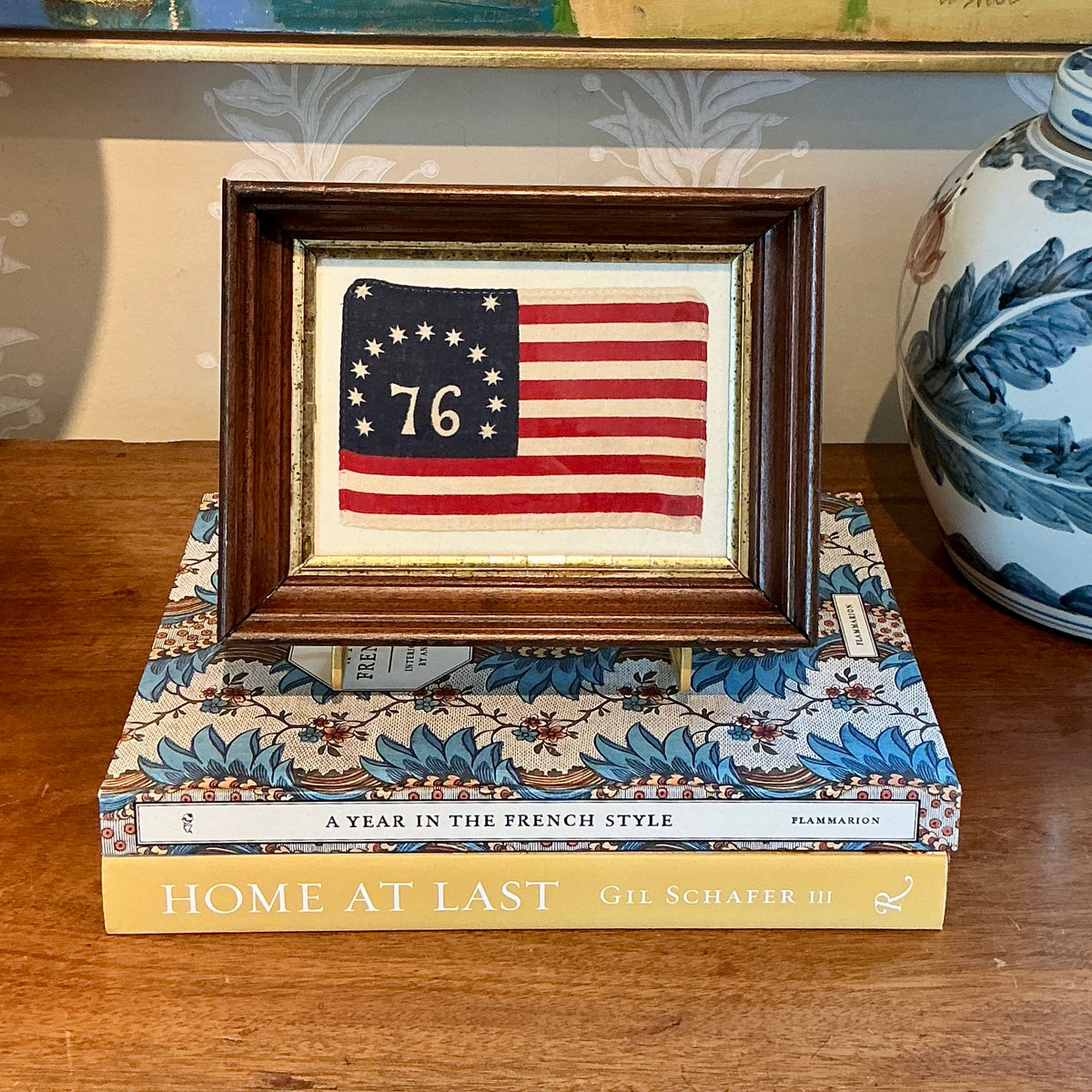 Vintage Bicentennial Bennington 13 Star American Flag on Ivory Duck Cloth in Antique Walnut Frame with Gilded Liner