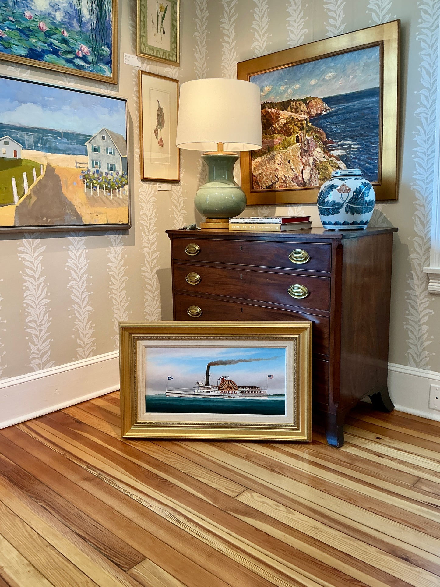 Scott Cameron Steamboat Ariel Oil Painting in Gold Frame