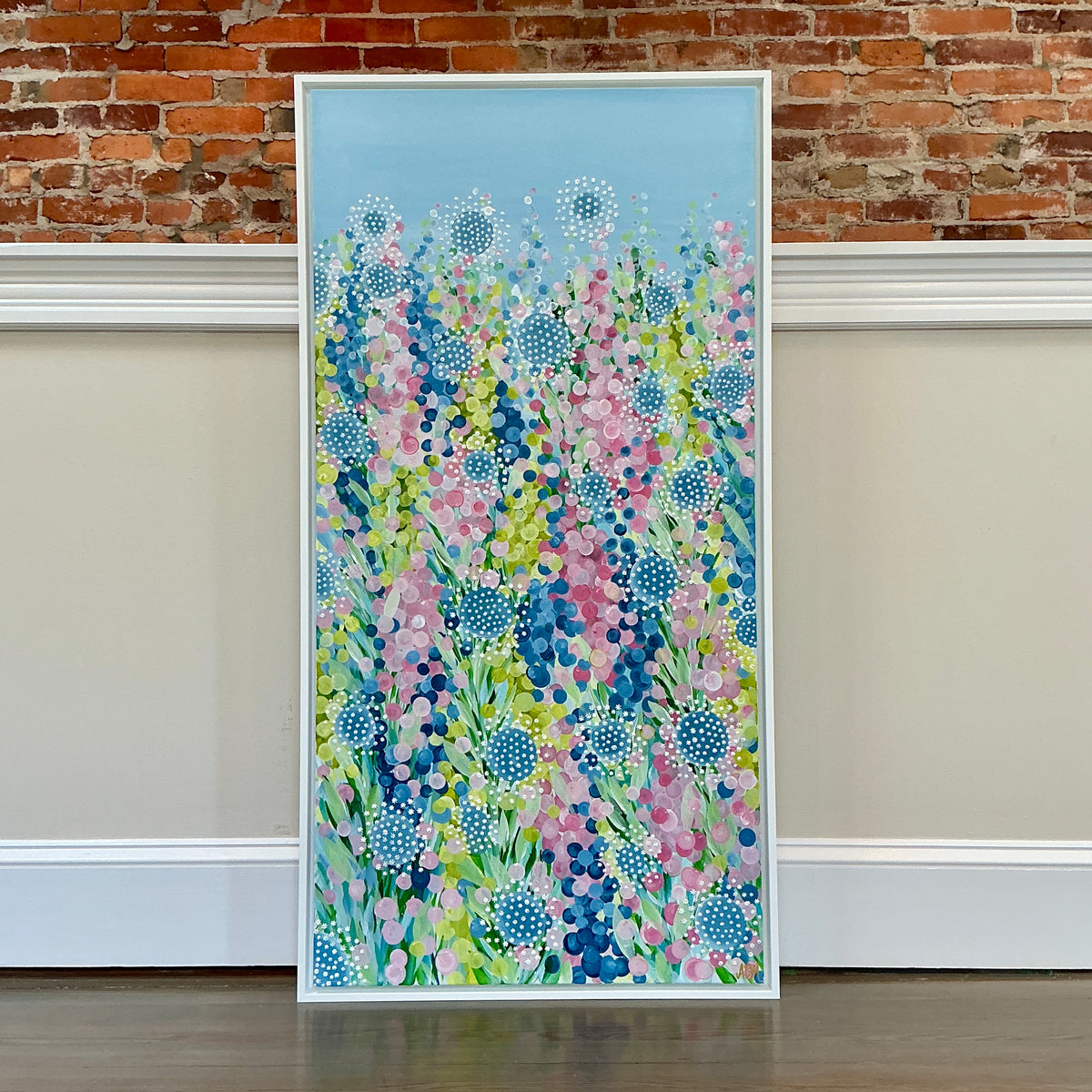 Alison Diamond McElroy In Bloom I Abstract Floral Painting in White Floater Frame