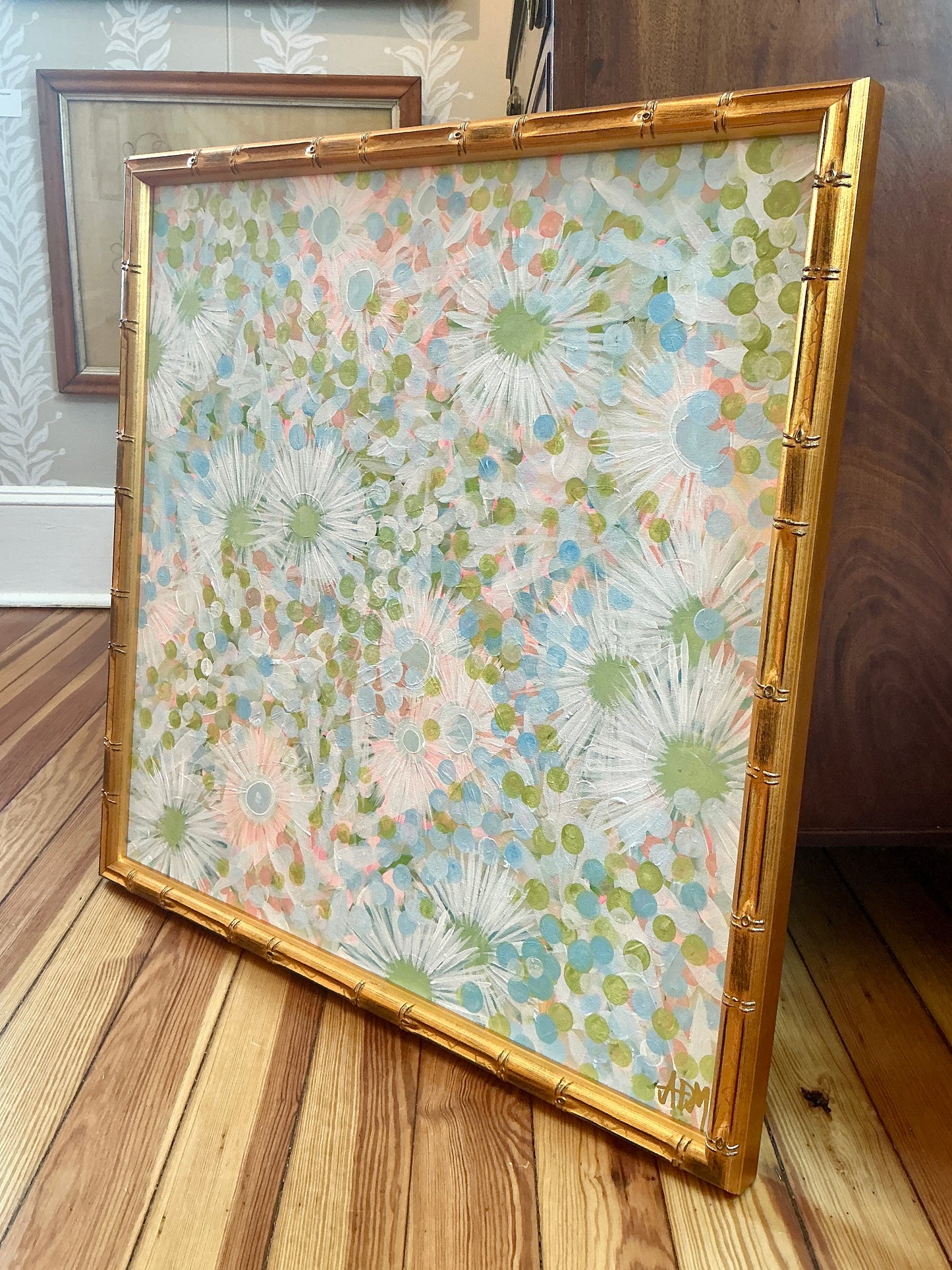Alison Diamond McElroy Spritz Season Abstract Floral Painting in Gold Bamboo Frame
