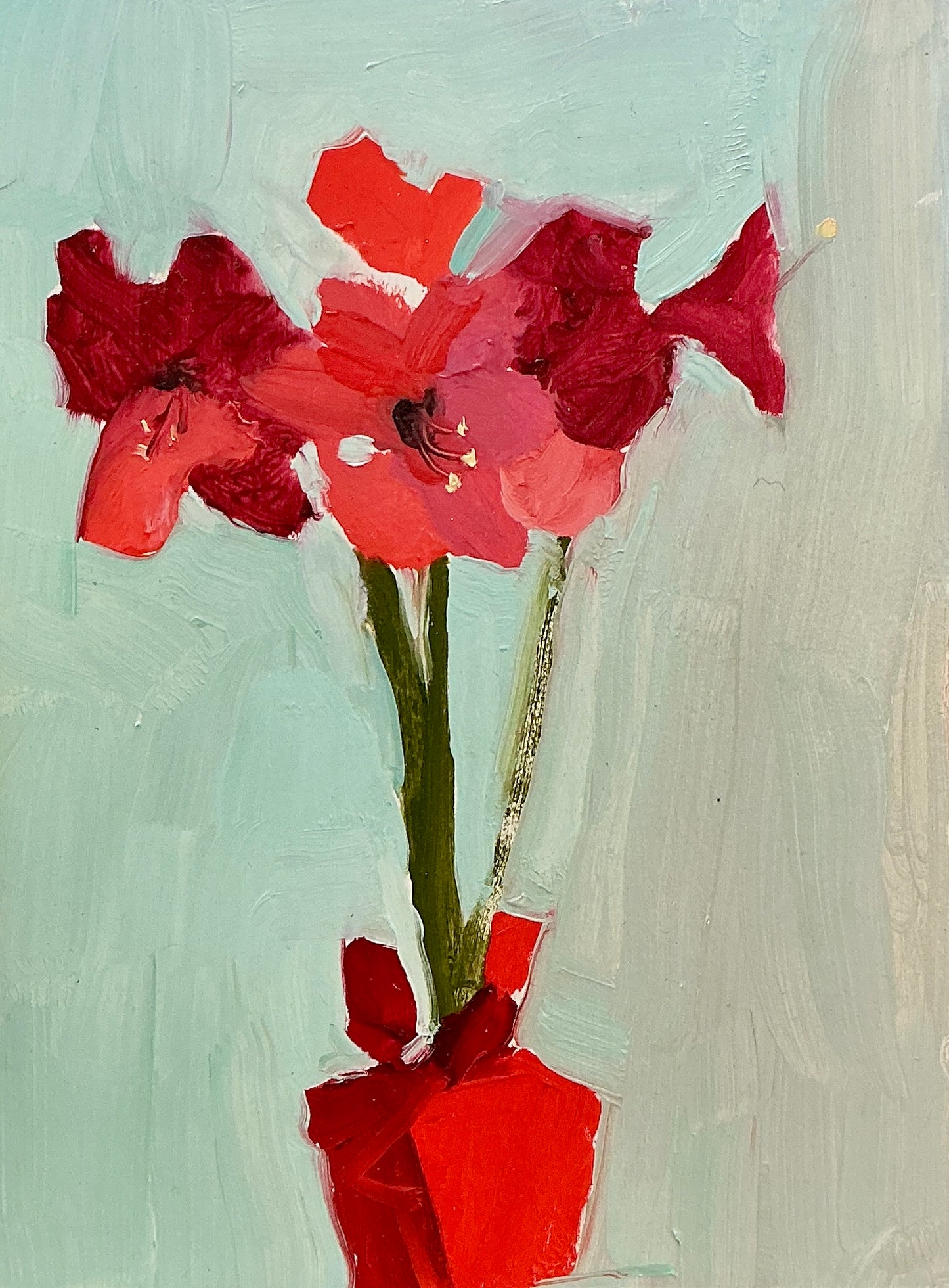 Gretchen McGinnis Little Amaryllis Still Life Floral Oil Painting in Gold and Black Floater Frame