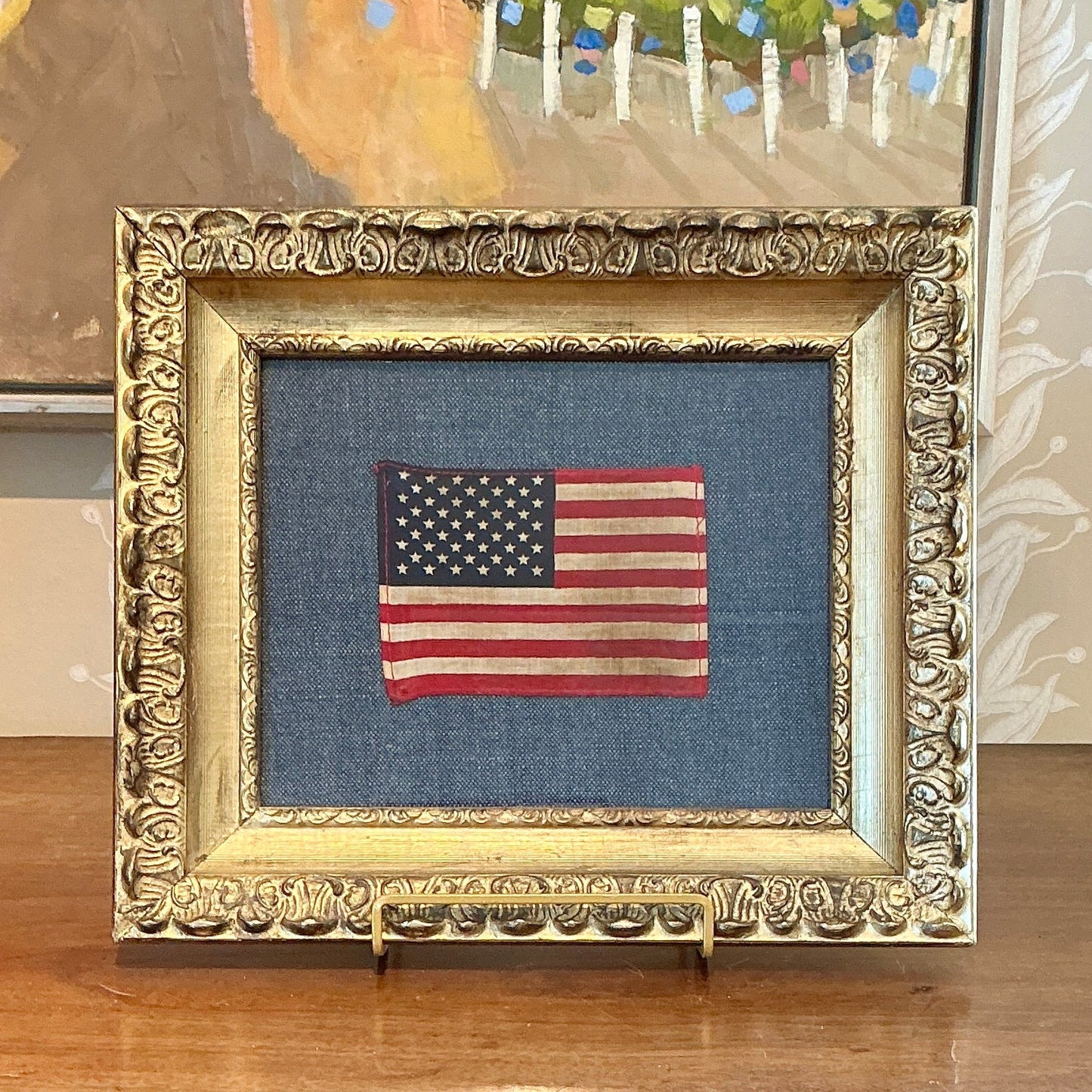 Vintage 50 Star American Flag on Dark Blue Twill in Antique Ornate Gold Frame