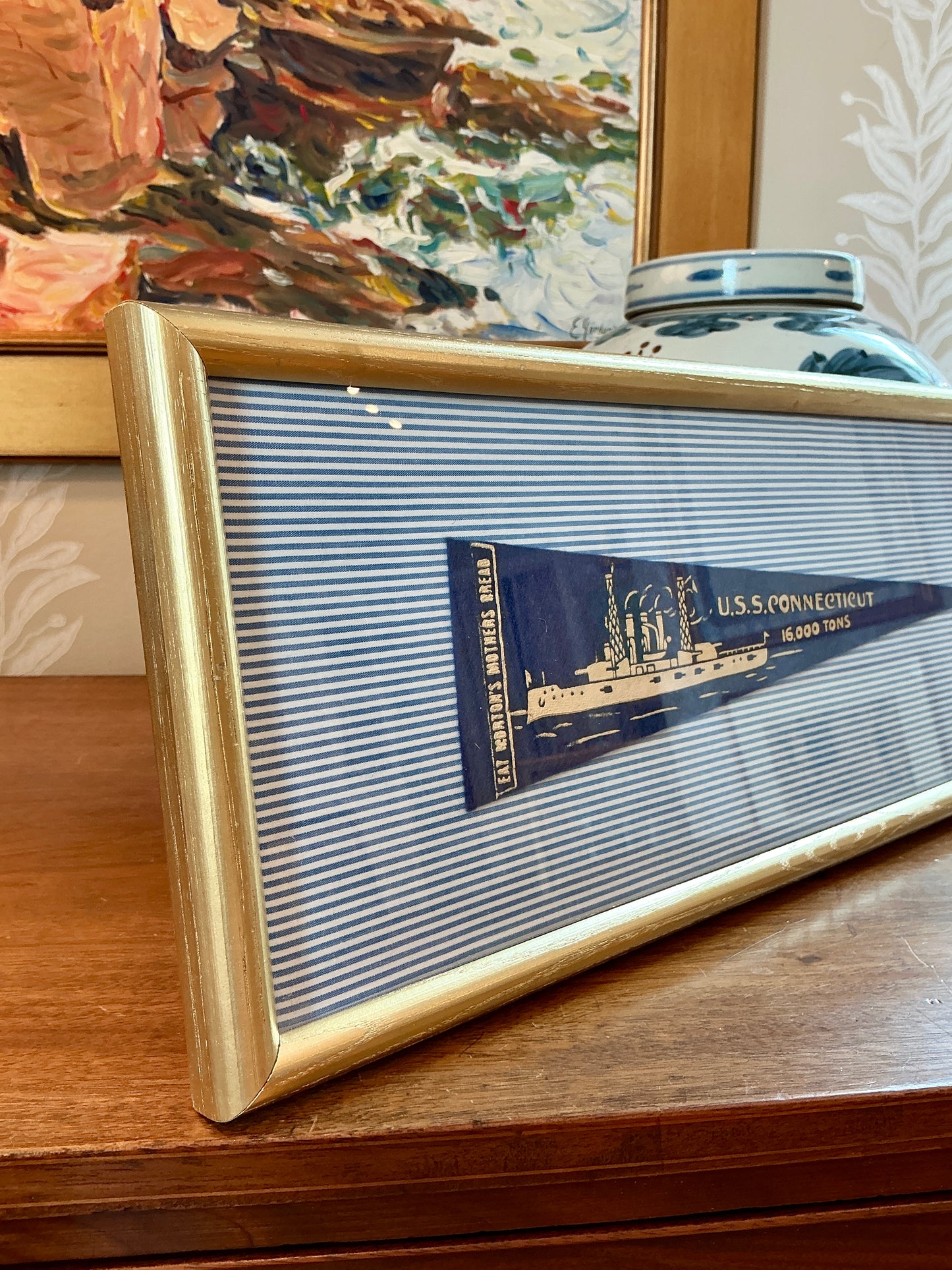 Vintage U.S.S. Connecticut Naval Ship on Blue Ticking Stripes in Gold Frame