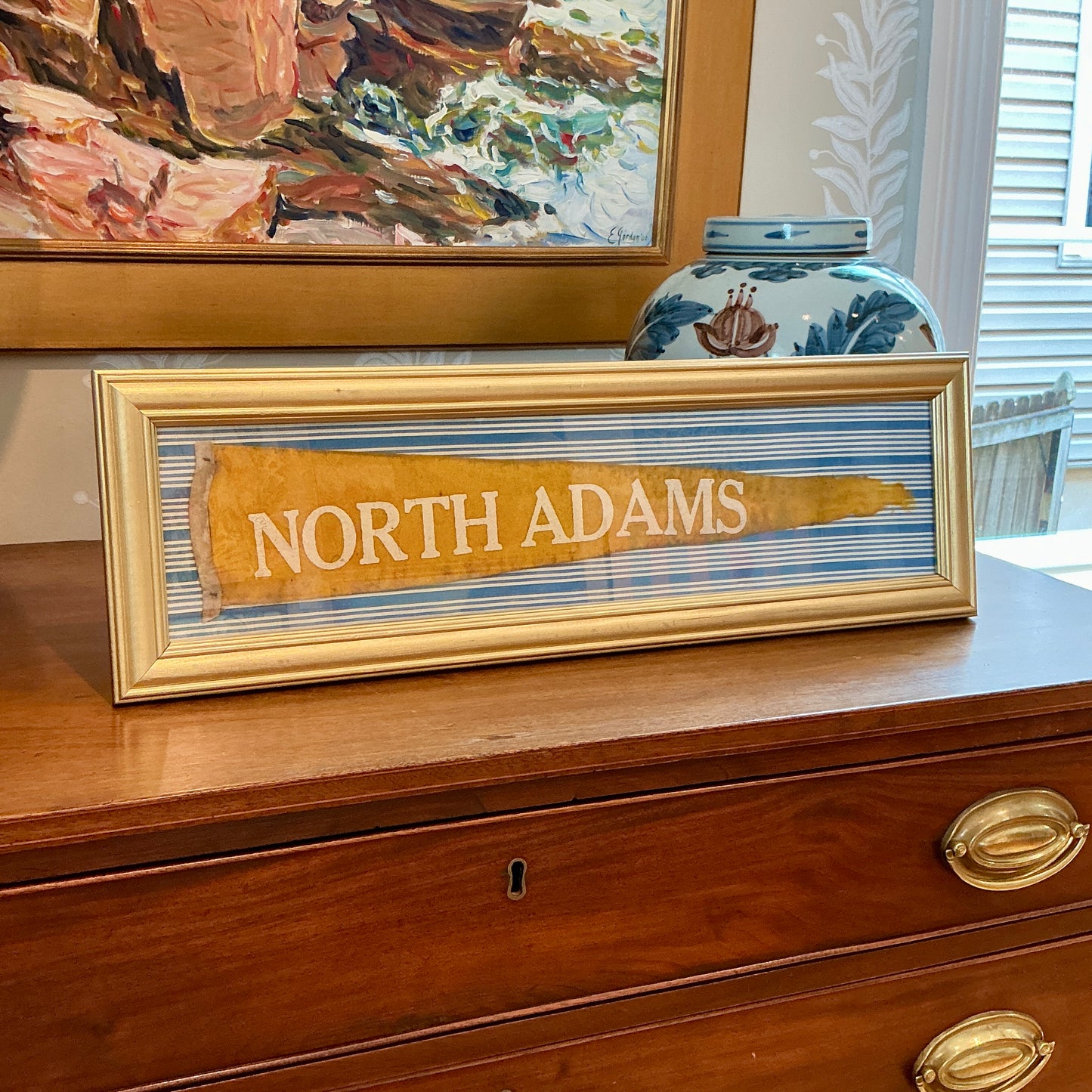 Vintage North Adams, Massachusetts Pennant on Blue Stripes in Gold Frame