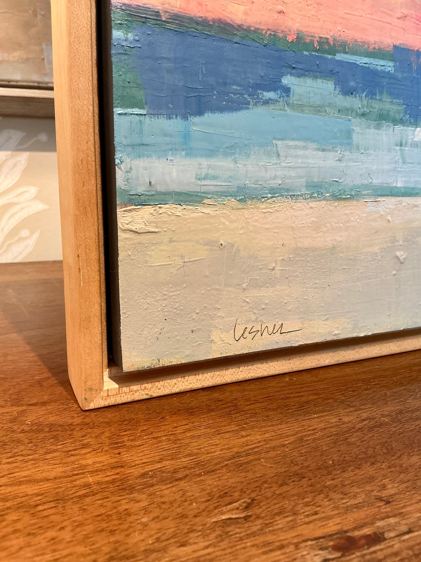 Carol Lesher Colored Mist Coastal Landscape Oil Painting in Natural Wood Frame
