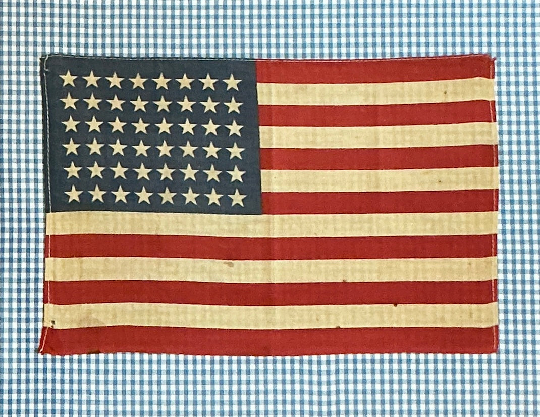 Vintage 48 Star American Flag on Blue Gingham in Wood Frame