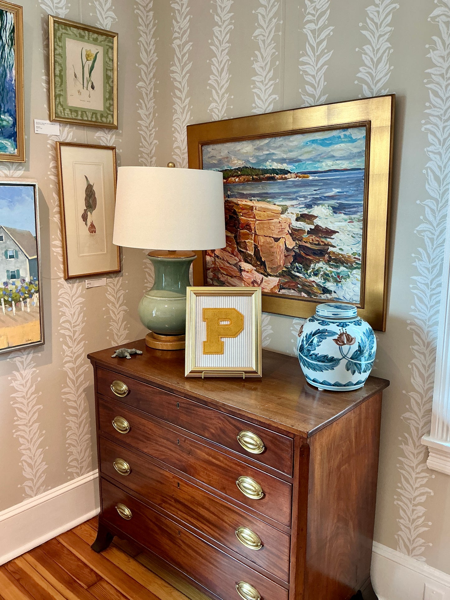 Vintage Varsity Letter Initial "P" on Taupe Stripes in Gold Frame