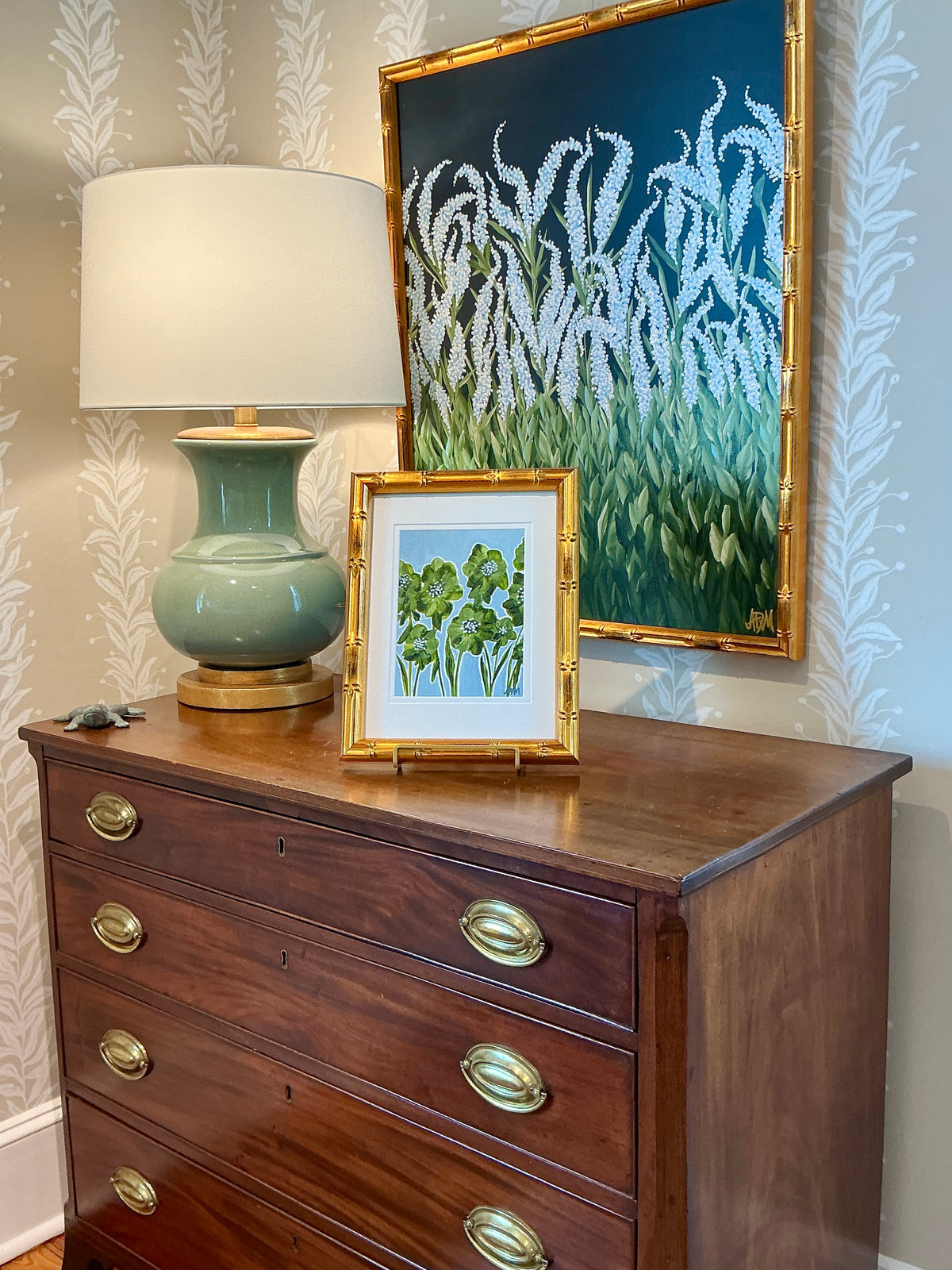 Alison Diamond McElroy Salt Meadow I Abstract Floral Painting in Gold Bamboo Frame
