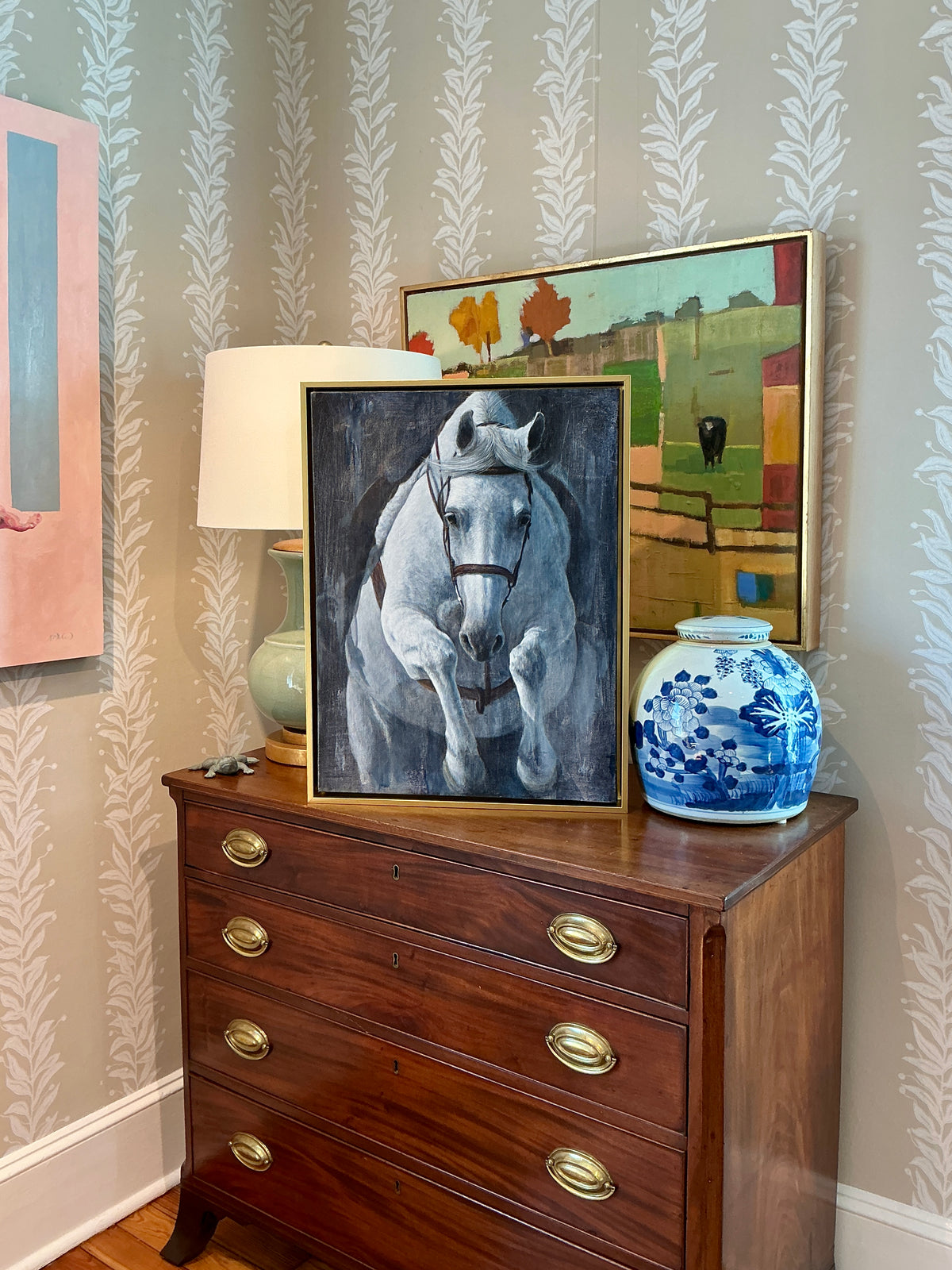 Andrea Hennings Determined Horse Portrait Painting in Gold Floater Frame