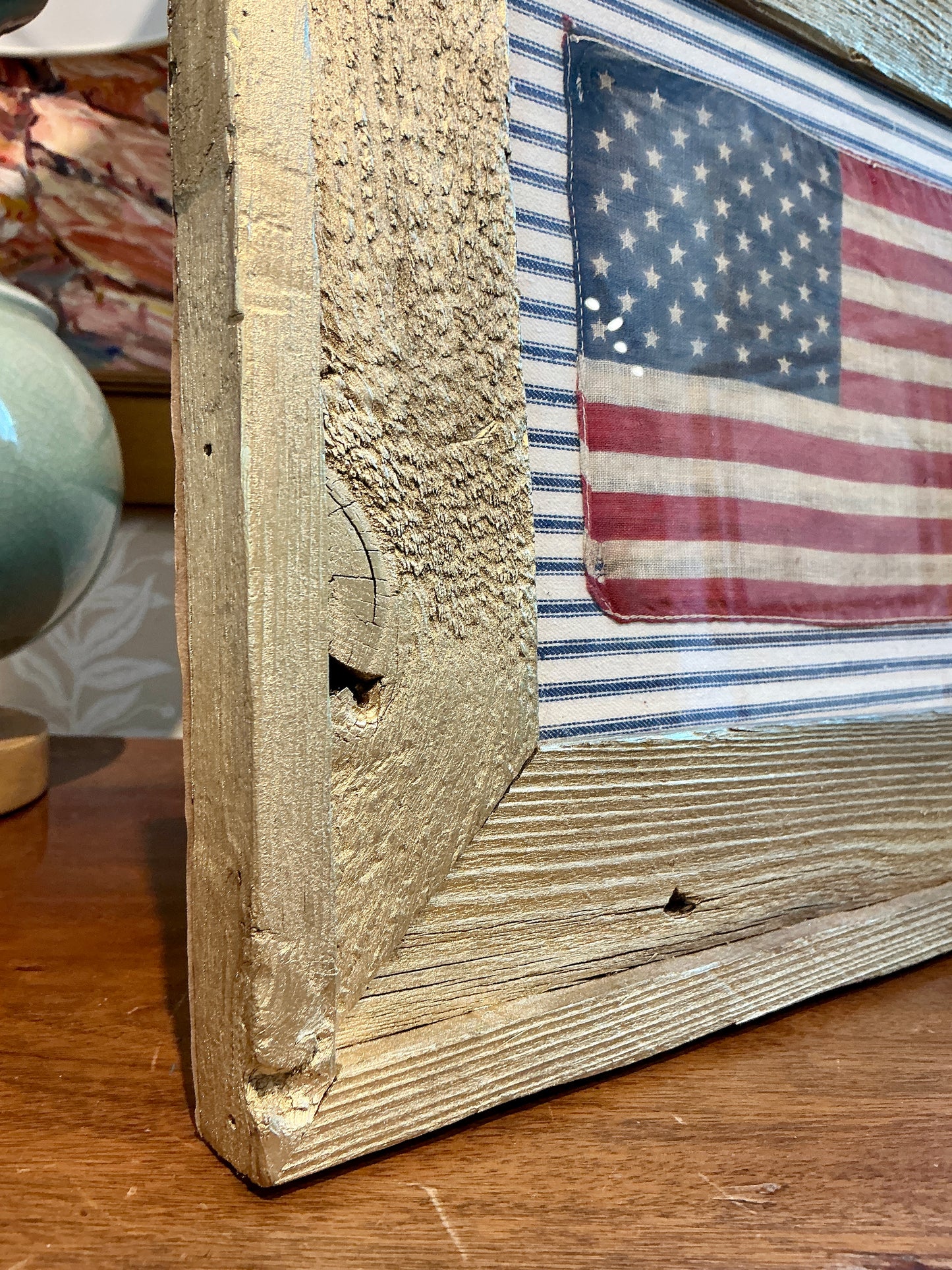Vintage 50 Star American Flag on White and Blue Stripes in Gold Wood Frame