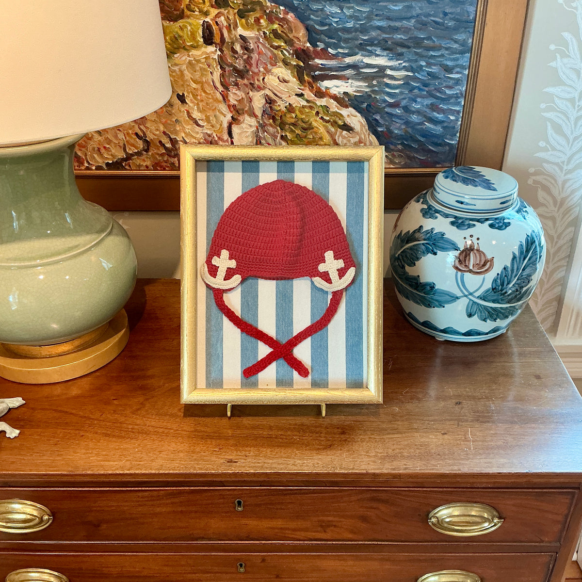 Vintage Red Knit Nautical Children’s Hat on Blue Stripes in Shadow Box