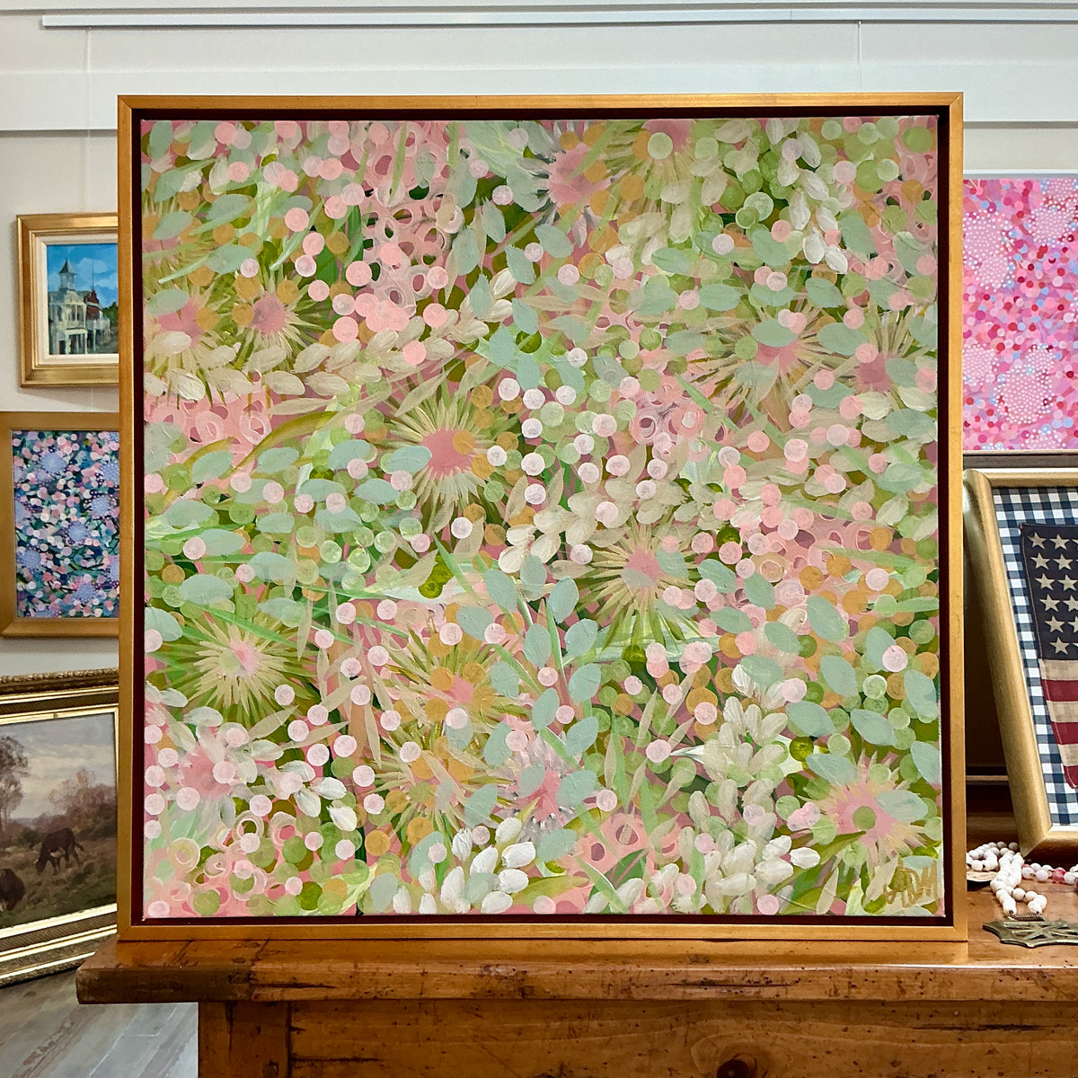 Alison Diamond McElroy Sunset Soirée Abstract Floral Painting in Gold Floater Frame
