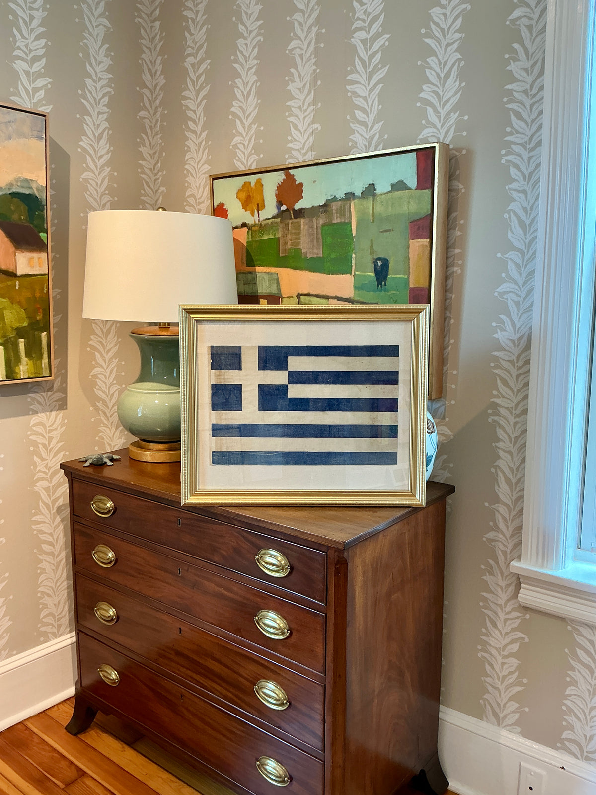 Antique Muslin Greek Flag on Ivory Duck Cloth in Gold Frame