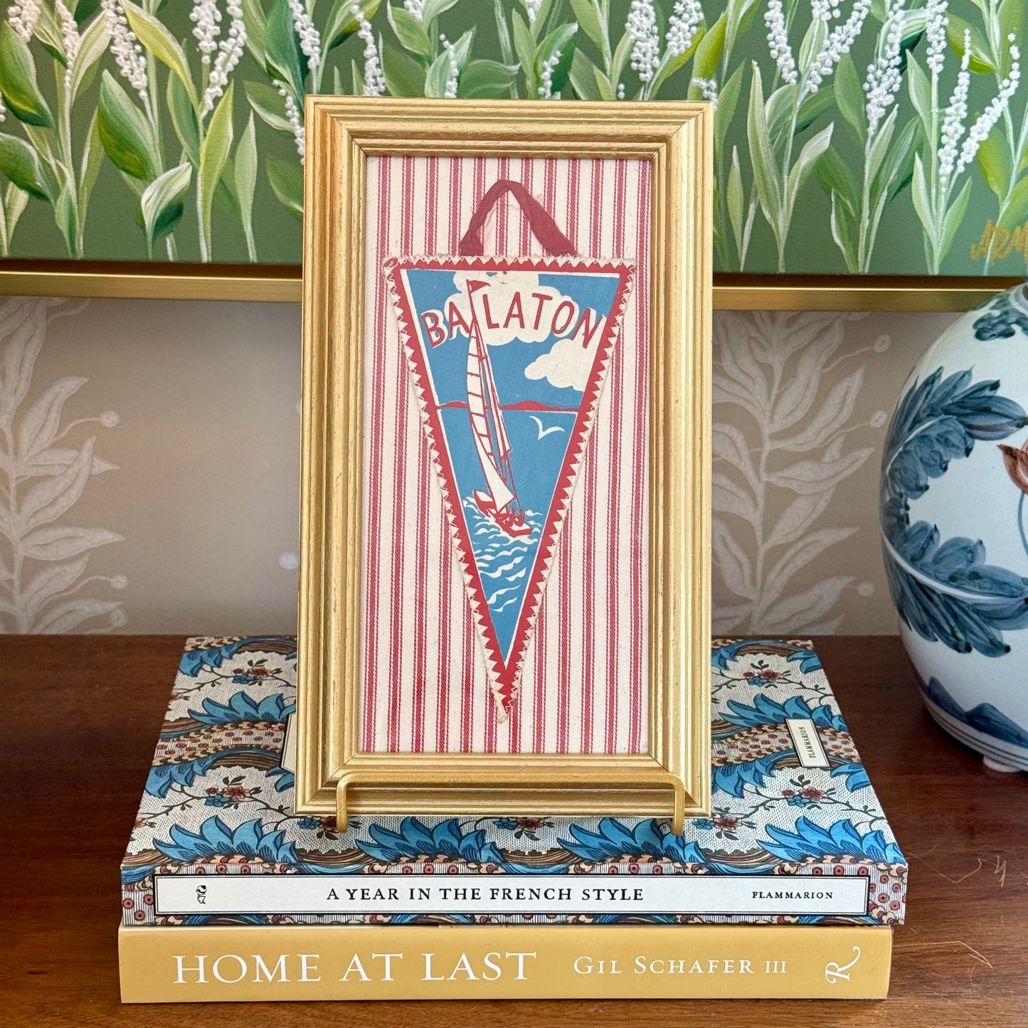 Vintage Mid Century Lake Balaton Pennant on Red Ticking Fabric in Gold Frame
