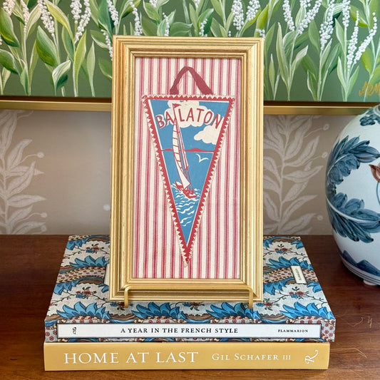 Vintage Mid Century Lake Balaton Pennant on Red Ticking Fabric in Gold Frame