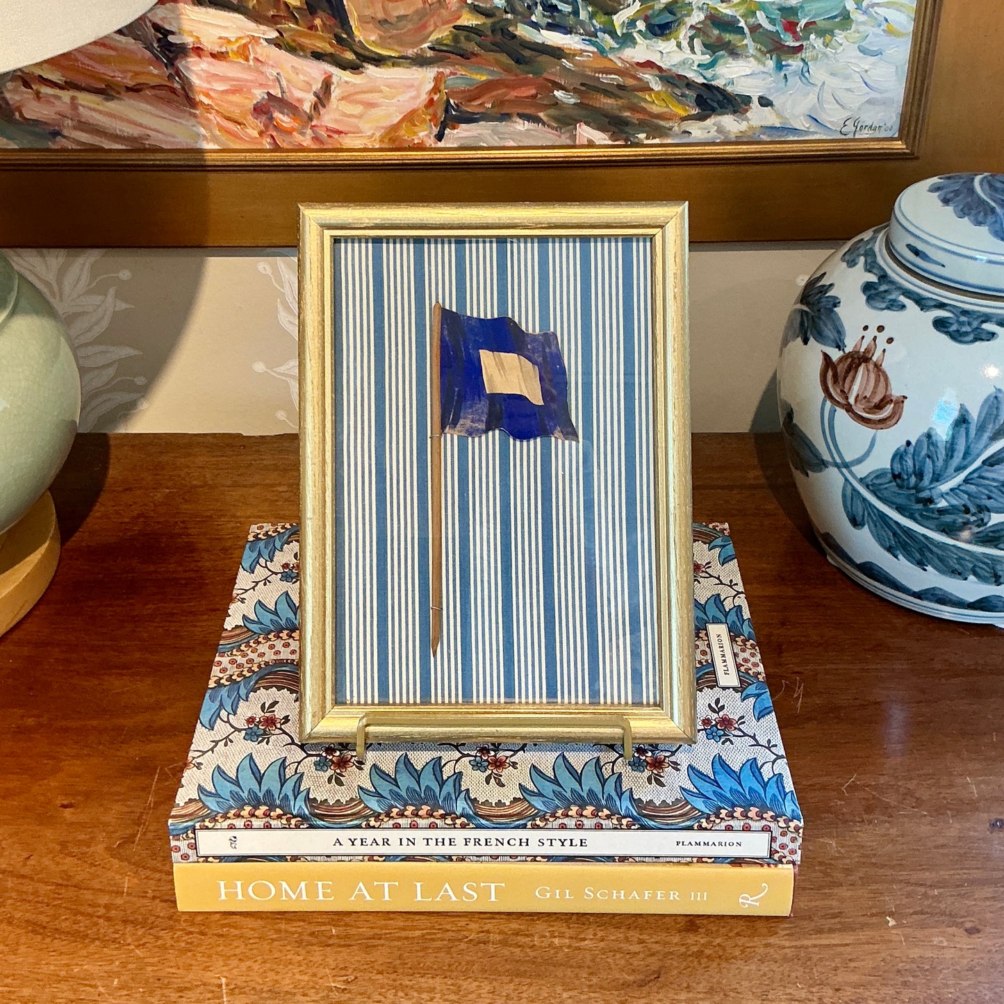 Antique 1905 Nautical Blue and Tan Flag Oil Painting on Blue Stripes in Gold Frame