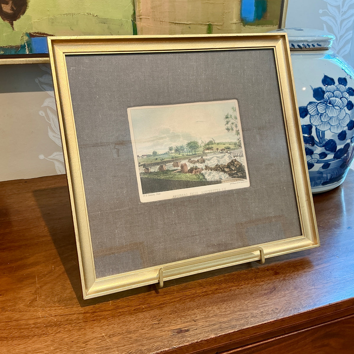 19th Century Hand Colored Amoskeag Falls Manchester New Hampshire Landscape Lithograph Wrapped in Belgian Linen Mat in Gold Frame