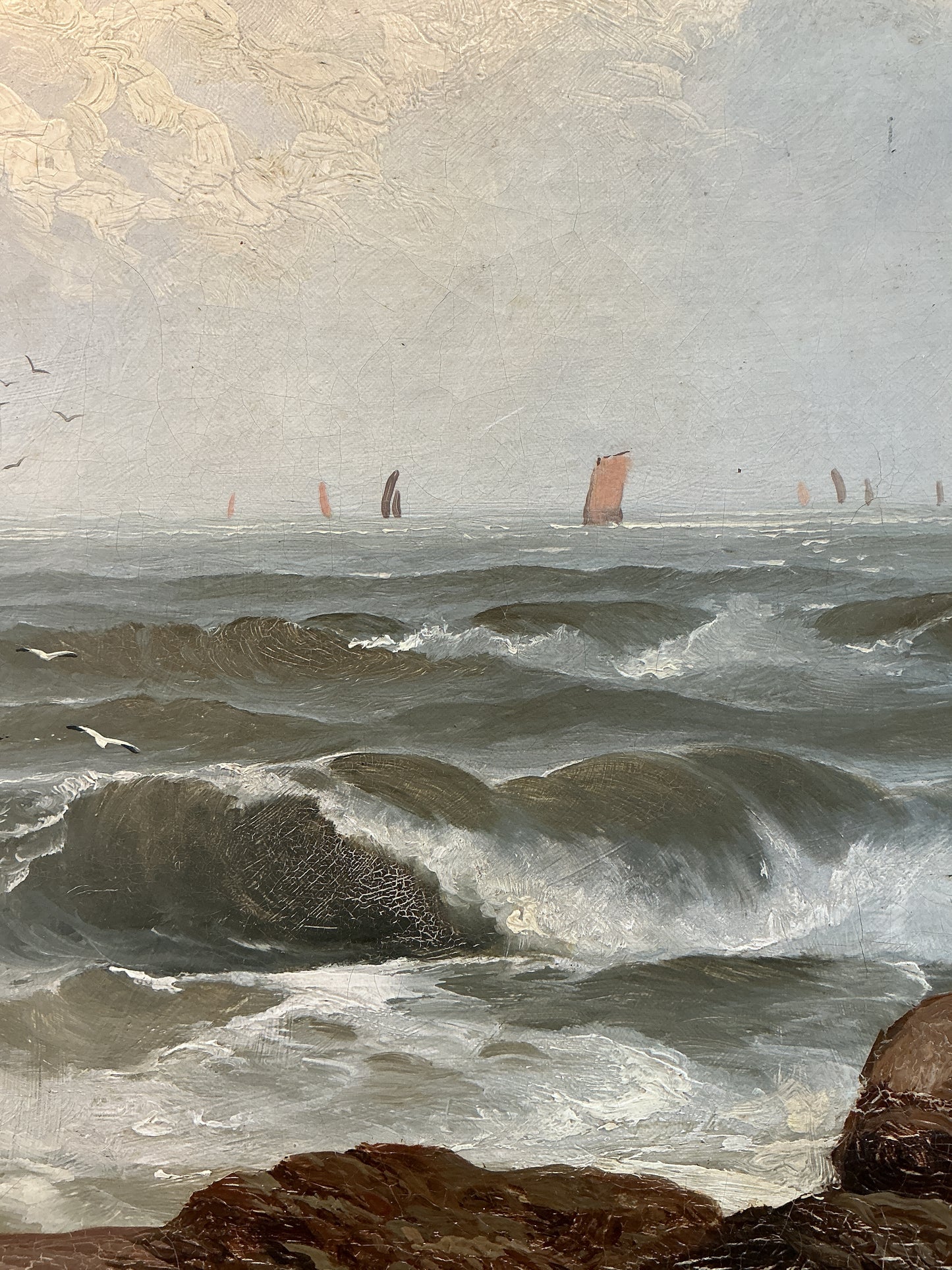 Clarence Henry Roe 19th Century Red Sail Sailboats in Seascape Oil Painting in Gold Frame