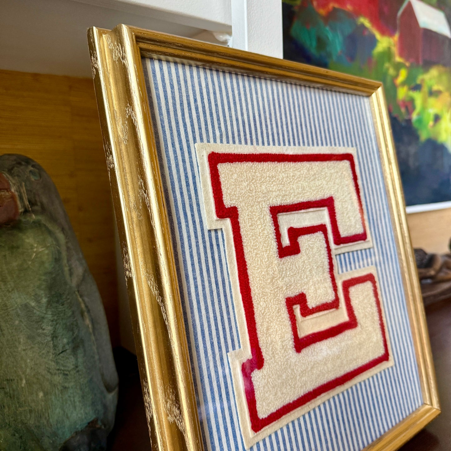 Vintage Large Varsity Initial Letter "E" on Blue Ticking Stripes in Gold Frame