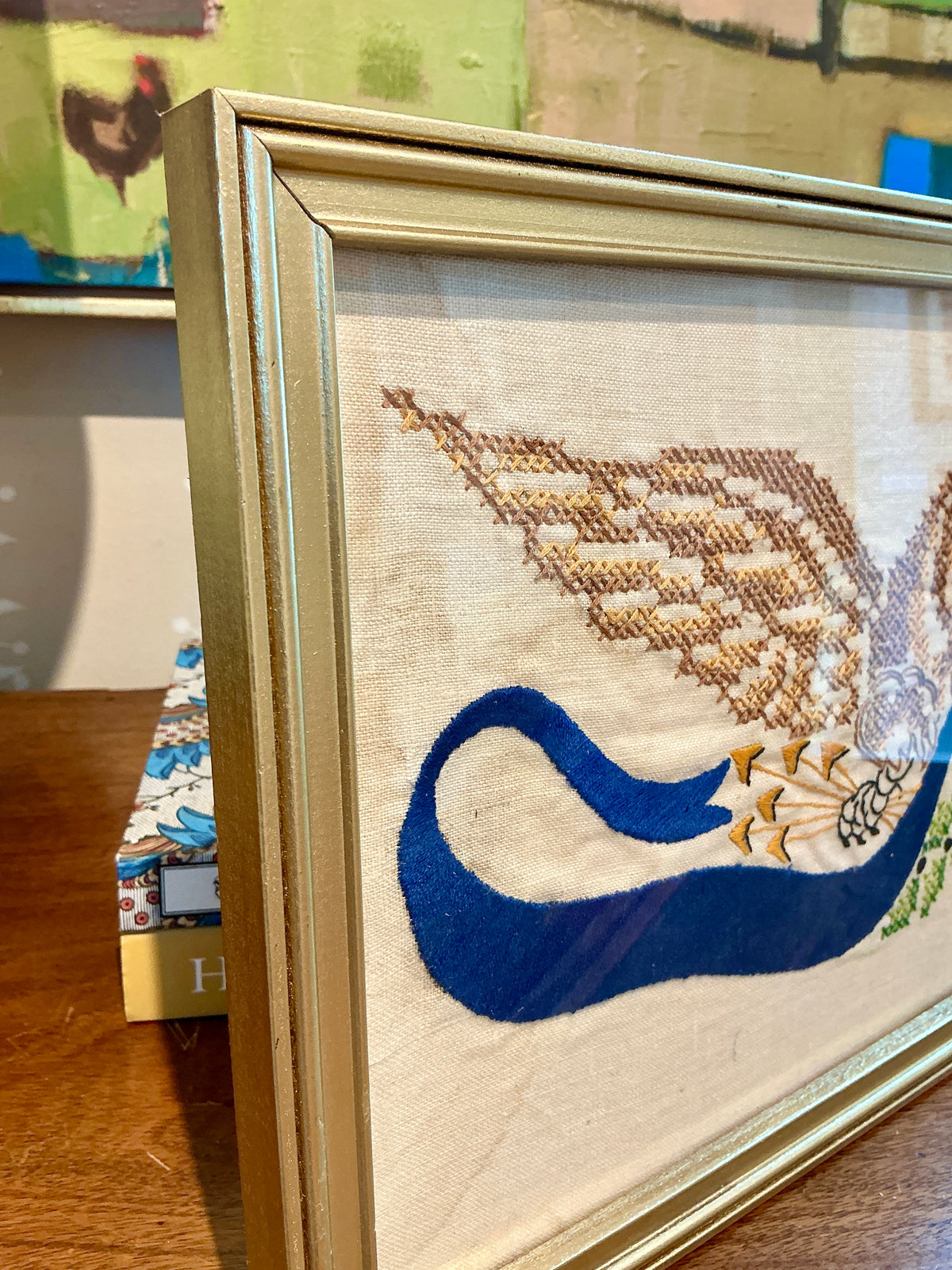 Vintage American Bald Eagle Americana Embroidery in Gold Frame