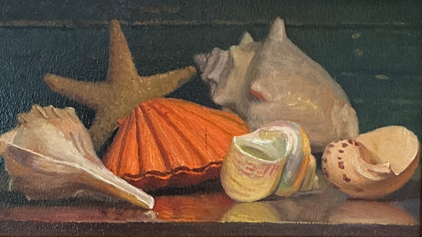 Youqing Wang Seashells With Starfish Still Life Oil Painting in Gold Frame