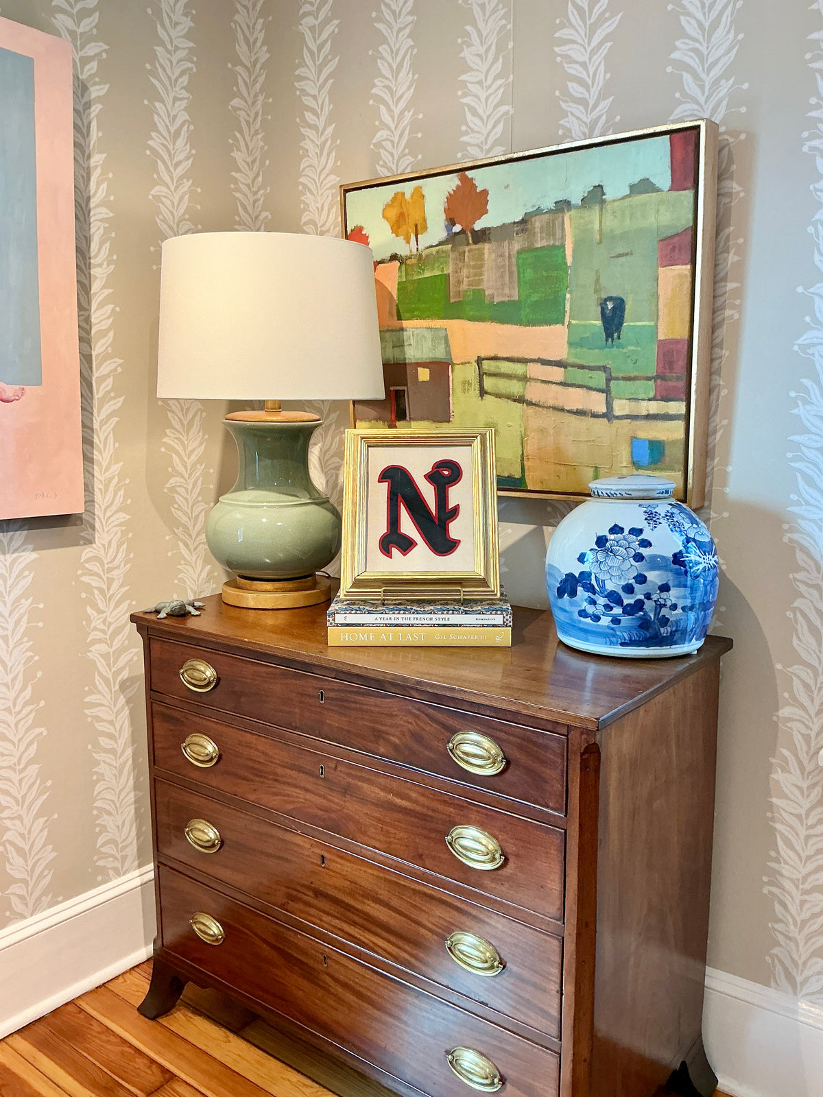 Vintage Varsity Letter Initial "N" on Ivory Duck Cloth in Gold Frame