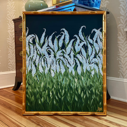 Alison Diamond McElroy Midnight Garden II Abstract Floral Painting in Gold Bamboo Frame