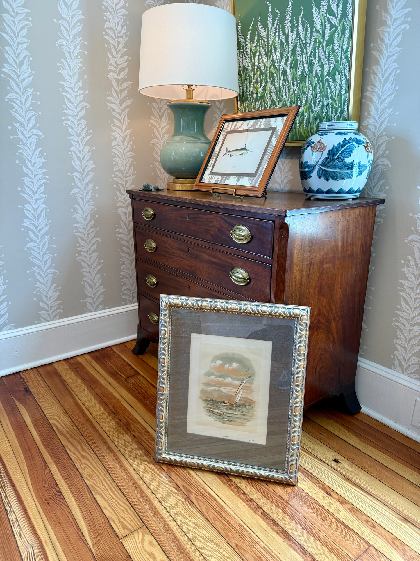 1888 Hand Colored Lithograph of “Clara” the Clyde Yacht in Belgian Linen in Ornate Champagne Gold Frame