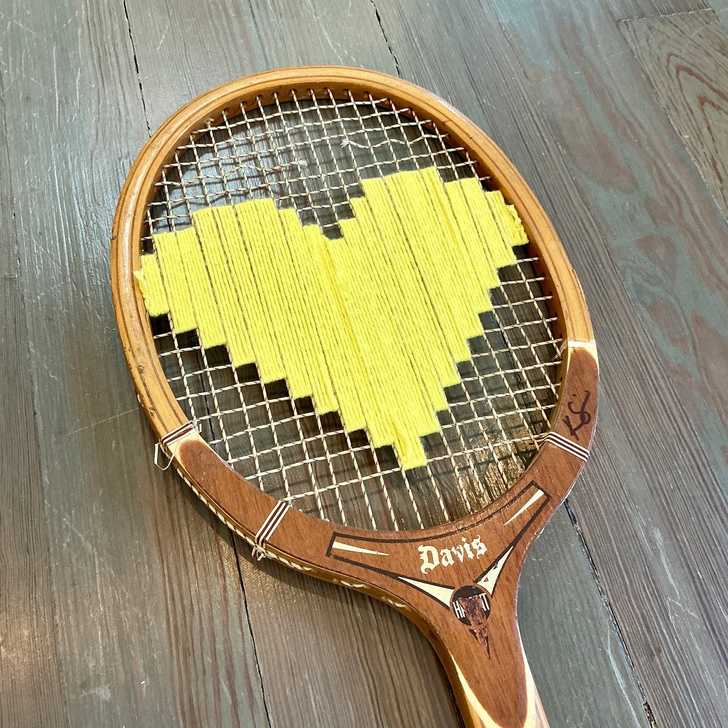 Vintage Embroidered Yellow Heart Tennis Racket