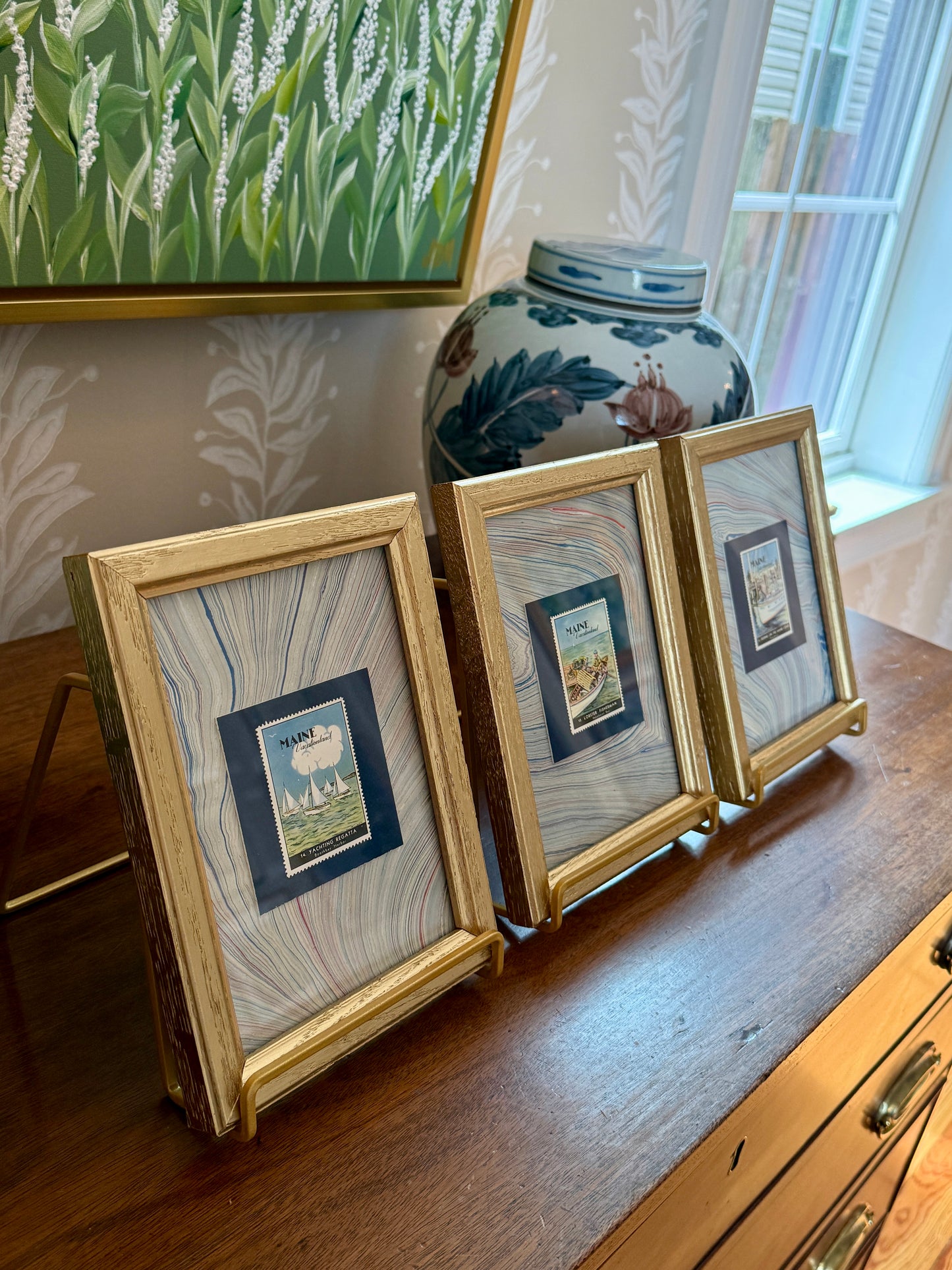 Set of Three 1940 Maine "Vacationland" Stamps on Blue Hand Marbled Paper in Gold Frames